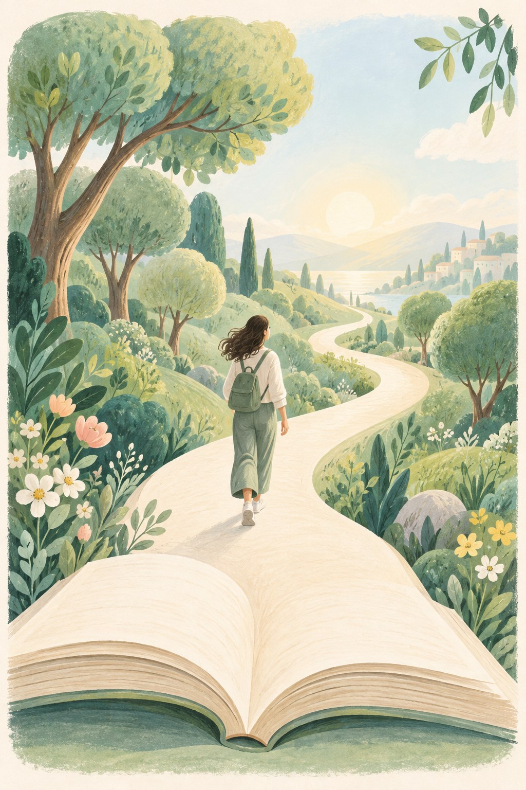 Una persona con zaino cammina dalle pagine di un libro verso un giardino luminoso, tra verdi pastello e fiori